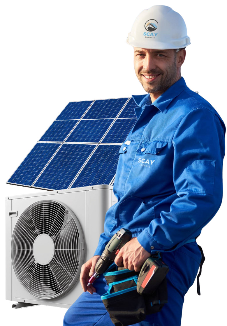 Technicien SCAY ÉNERGIE avec panneau solaire et pompe à chaleur